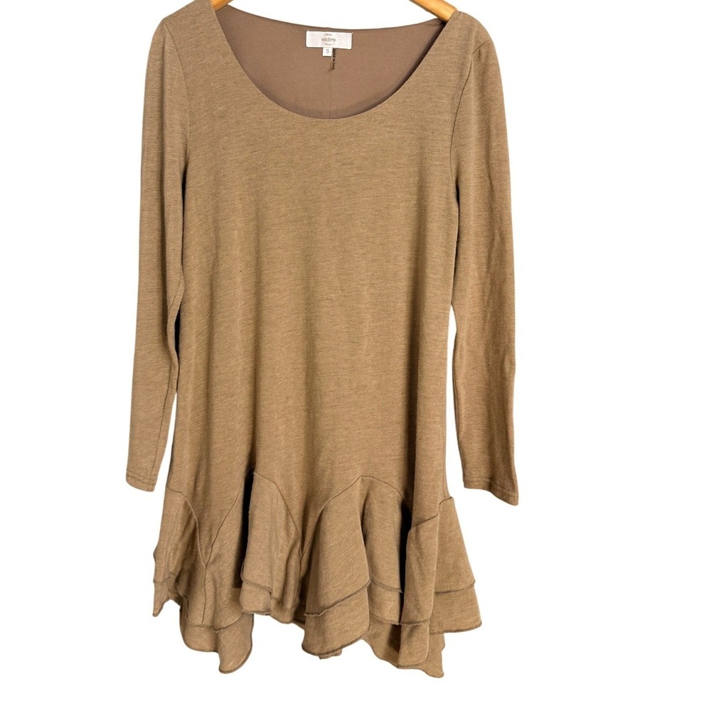 Entro Tan Long Sleeve Tiered Ruffle‎ Hem Tunic Dress Scoop Neck D3877 Small